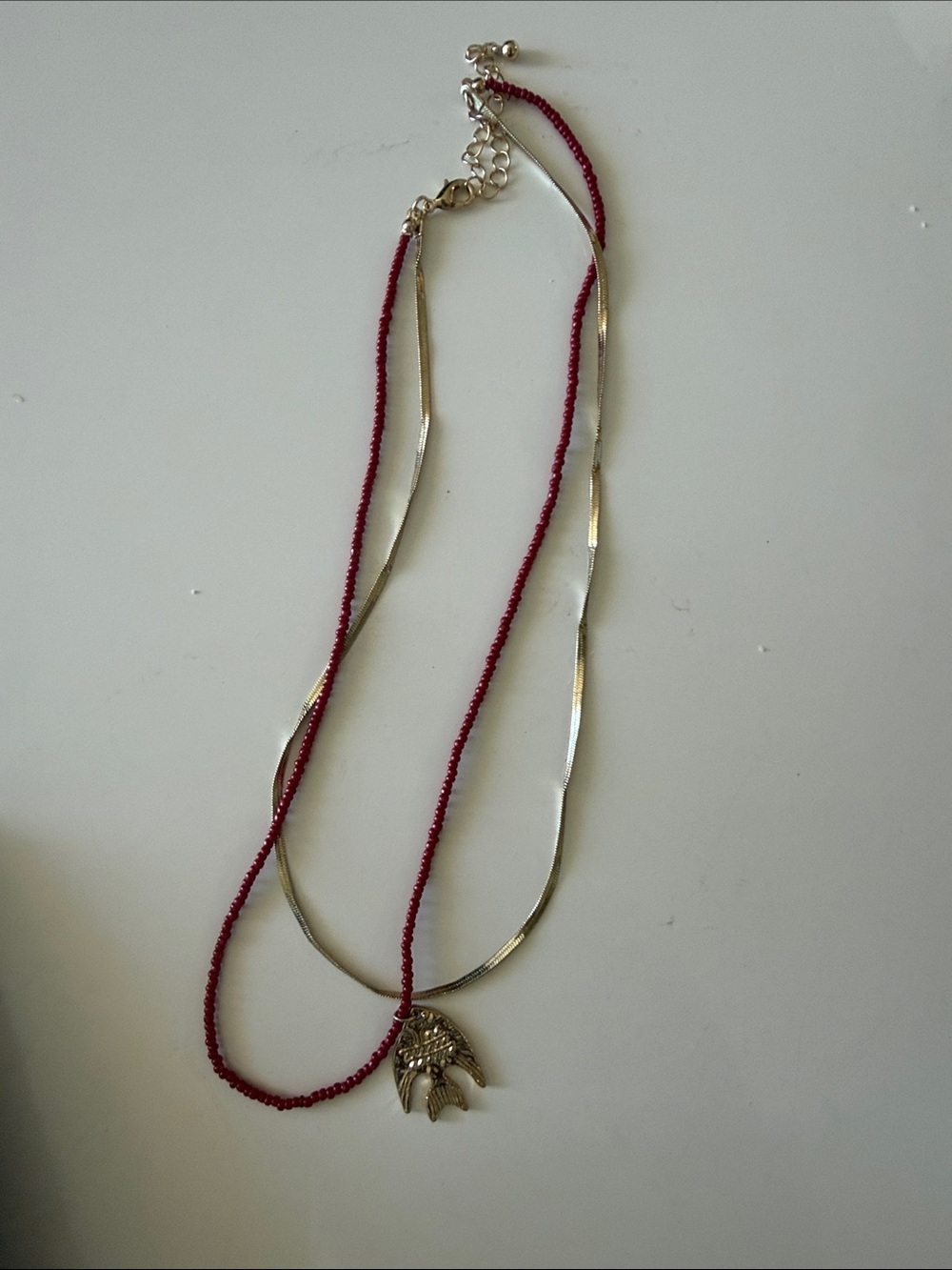 Layered Red Beaded & Silver Pendant Necklace